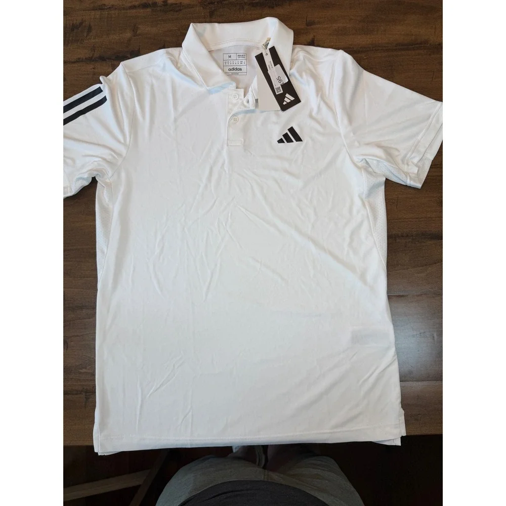 Adidas Mens White Golf Polo Shirt 3-Stripe Performance Short Sleeve Size M NEW
